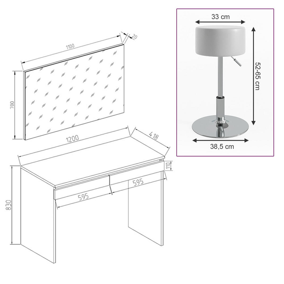 SCHMINKTISCH Emma Weiß 120 cm mit Hocker - Weiß, Holzwerkstoff (120/83/41.8cm) - Vicco