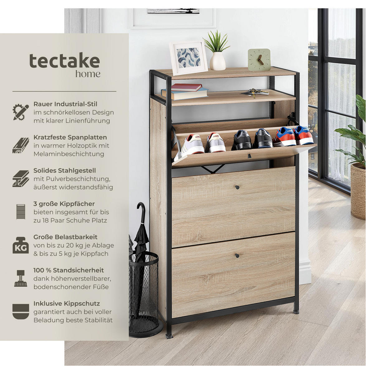 SCHUHSCHRANK Braddock,inklusive Kippschutz, 61 x 32 x 130 cm,Industrial Holz hell, Eiche Sonoma - Naturfarben, Holzwerkstoff (32/130/61cm) - tectake
