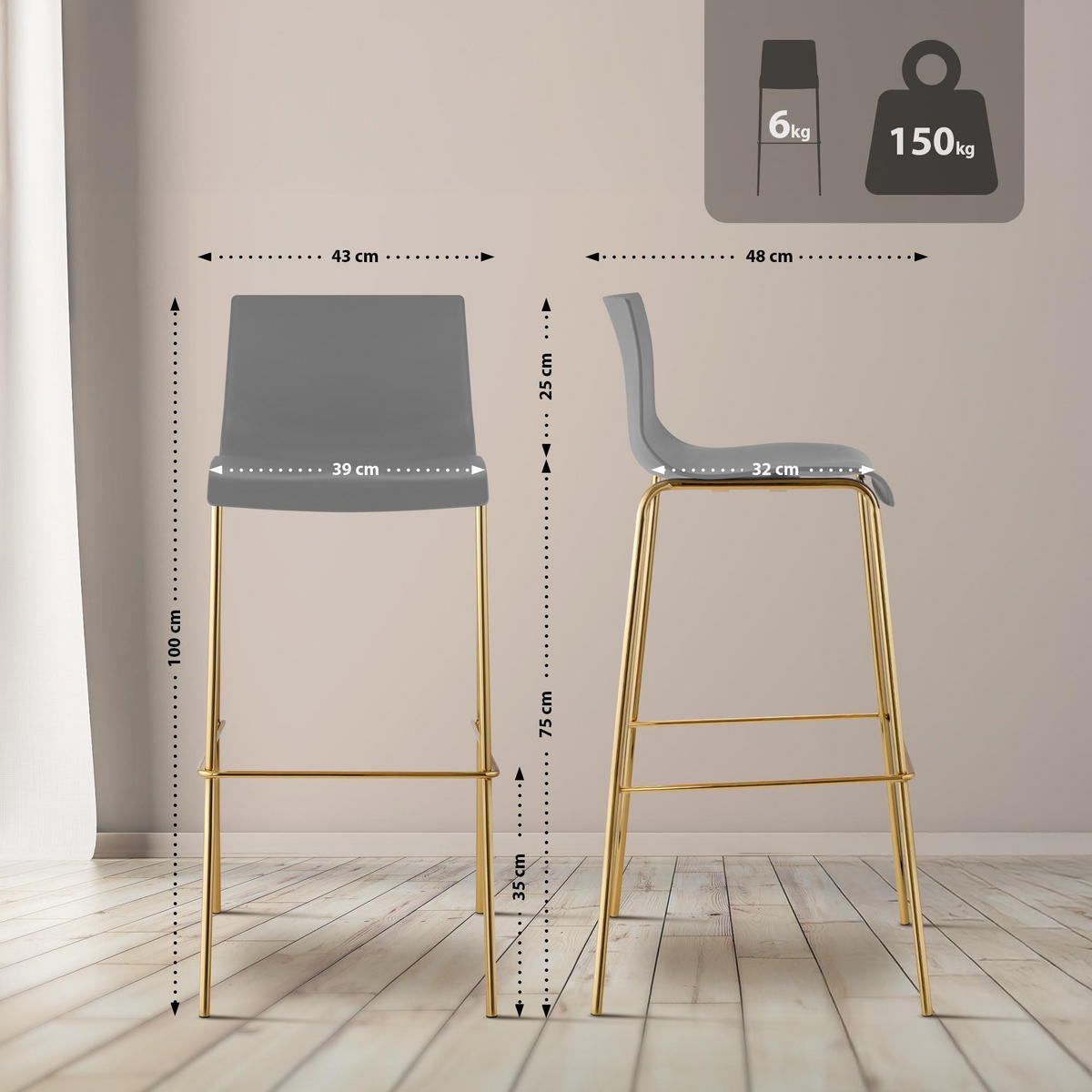 BARHOCKER Hover 100x43x48 cm grau - Grau, Kunststoff (43/100/48cm) - furnicato
