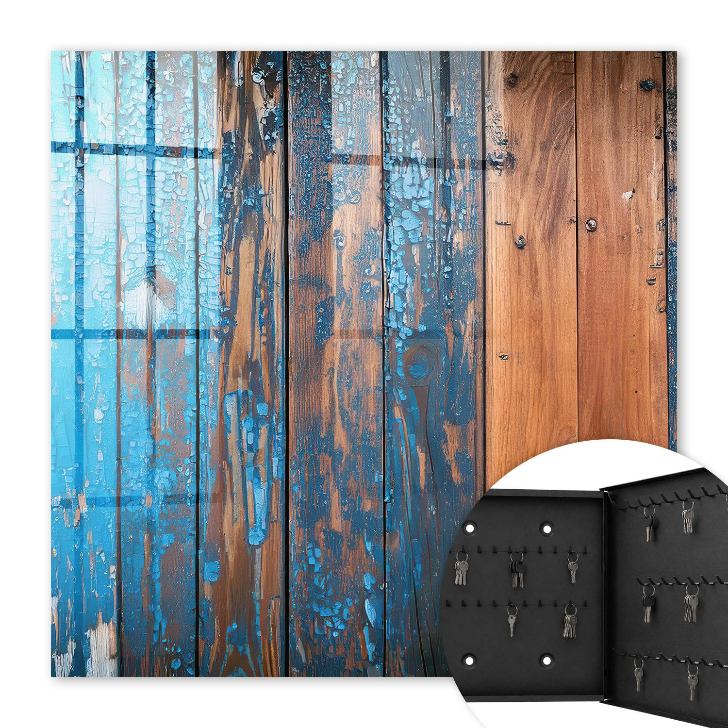 SCHLÜSSELBOX Schwarz 30x30 cm- Türöffnung nach rechts - Holzstruktur - Blau, Metall (30/30/5cm) - TULUP