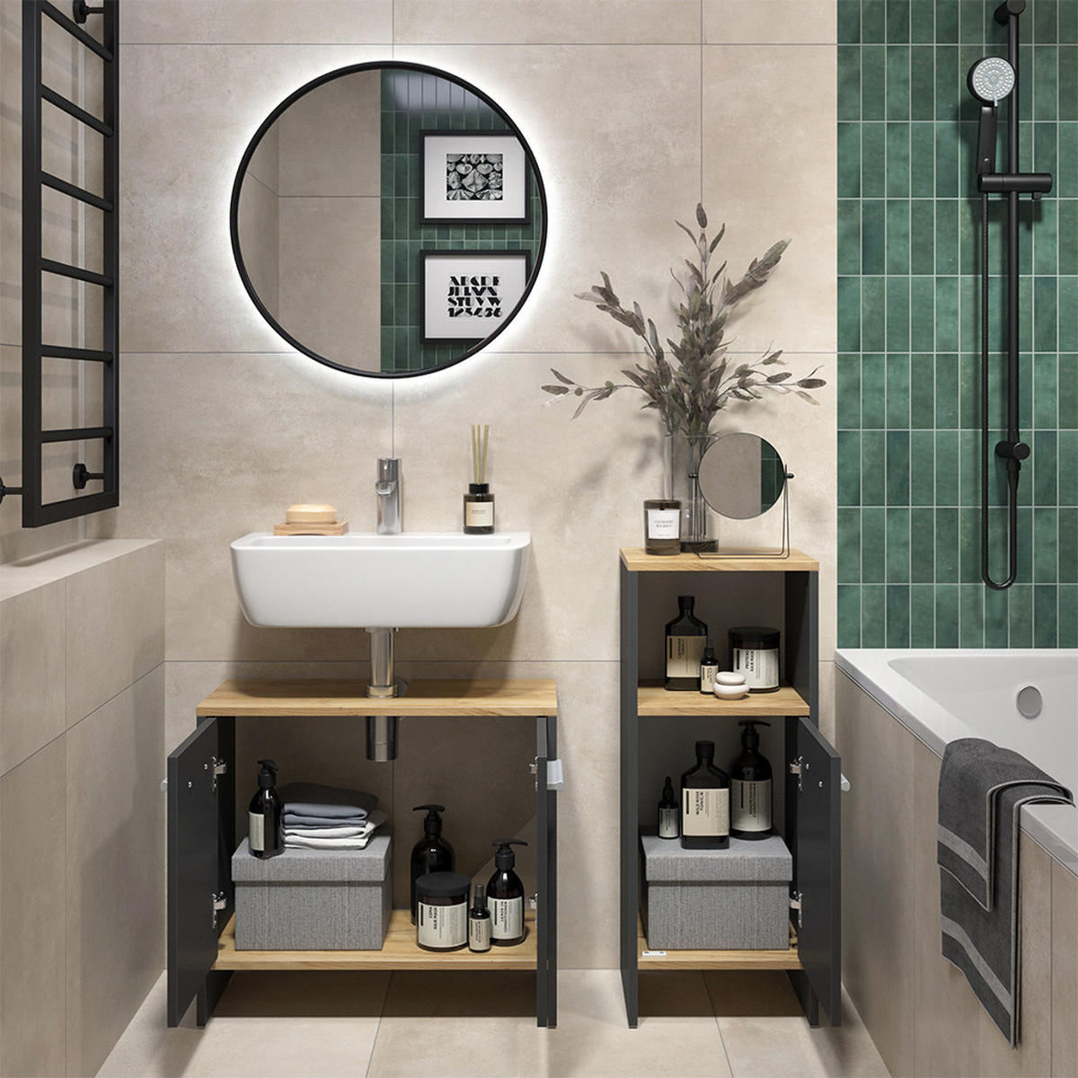 SESTAVA KOUPELNOVÉHO NÁBYTKU Karli Antracit/zlatý dub - antracitová, kompozitní dřevo (63.8/57/26.3cm) - Vicco