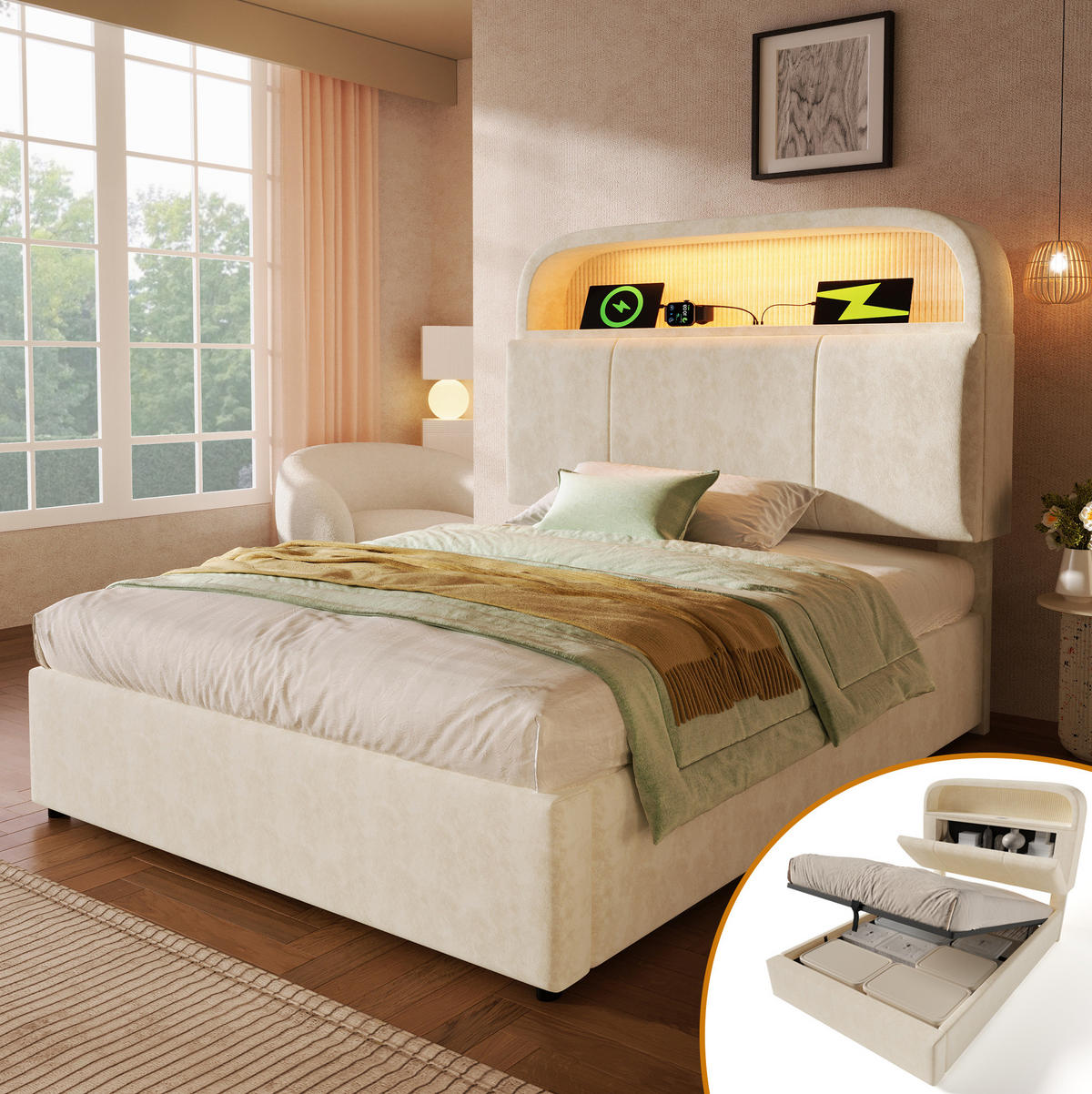 POLSTERBETT mit Stauraum 90x200 cm Samt Beige mit LED & USB - Beige, Metall (90/200cm) - Meubliv