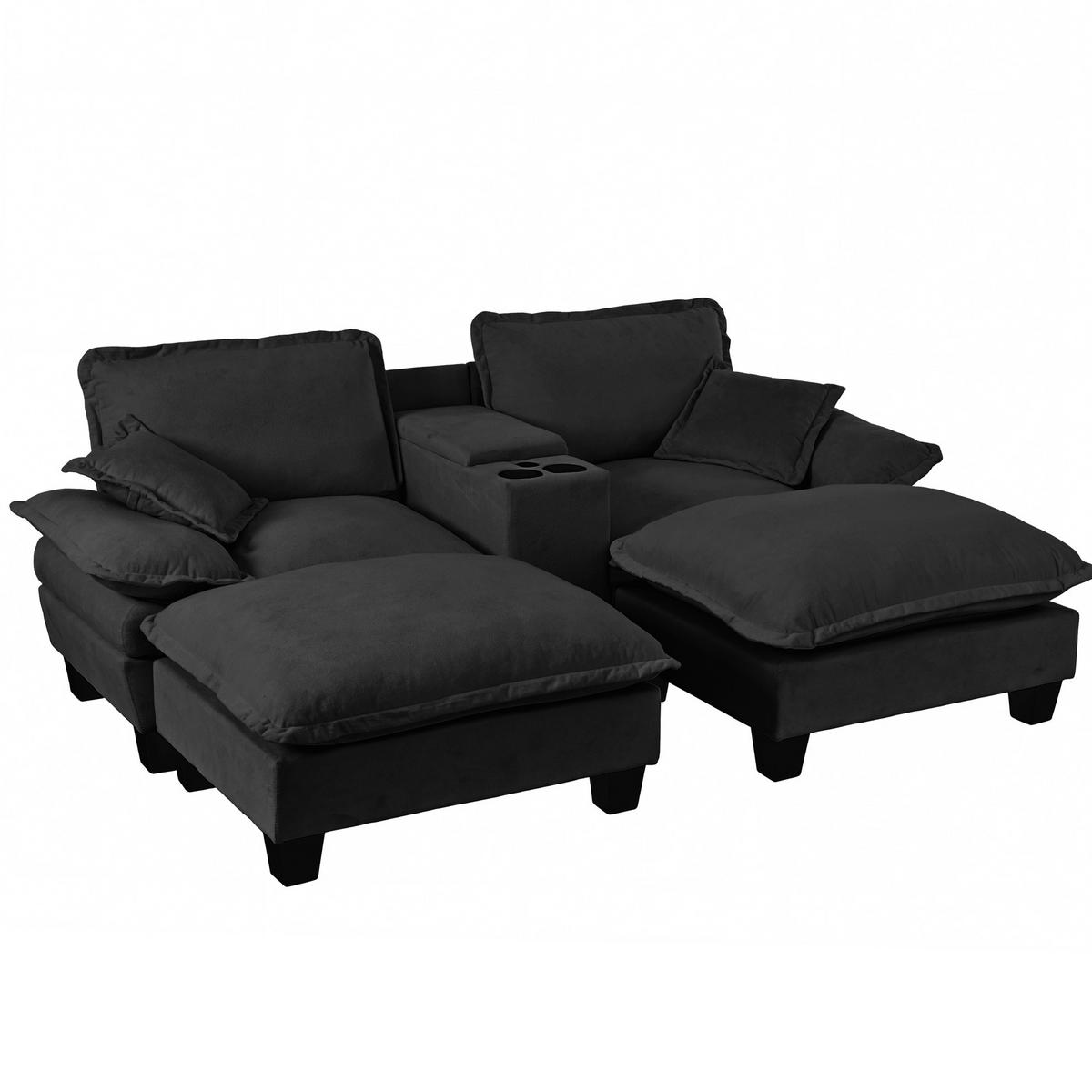 ECKSOFA 224/151/90 cm mit USB-Anschluss, Stauraum und Getränkehaltern, Chenille, Schwarz - Schwarz, Textil (224/151cm) - Redom