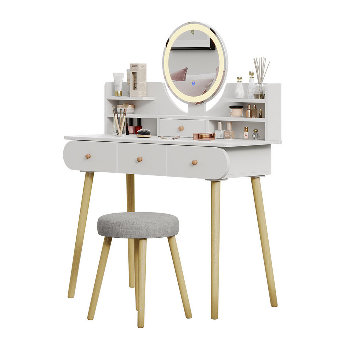 SCHMINKTISCH Edda Weiß 100 cm mit LED-Spiegel und Hocker - Weiß, Holzwerkstoff (100/130/40cm) - Vicco