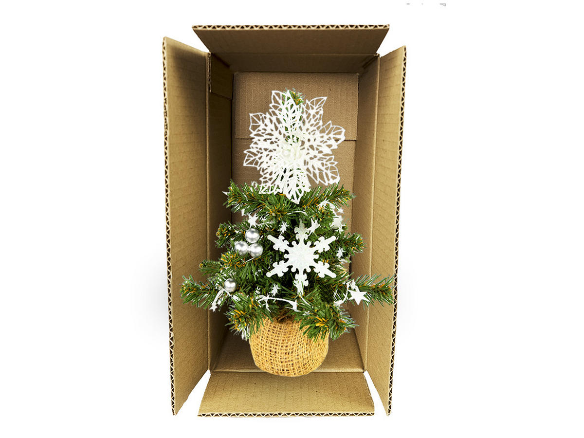WEIHNACHTSBAUM künstlicher 25 cm, TINY 1, mit 13-teiligem Weihnachtsbaumschmuck, inkl. Metallständer und Aufbewahrungsbox - Silberfarben/Weiß, Kunststoff/Stein (18/25cm) - LAALU