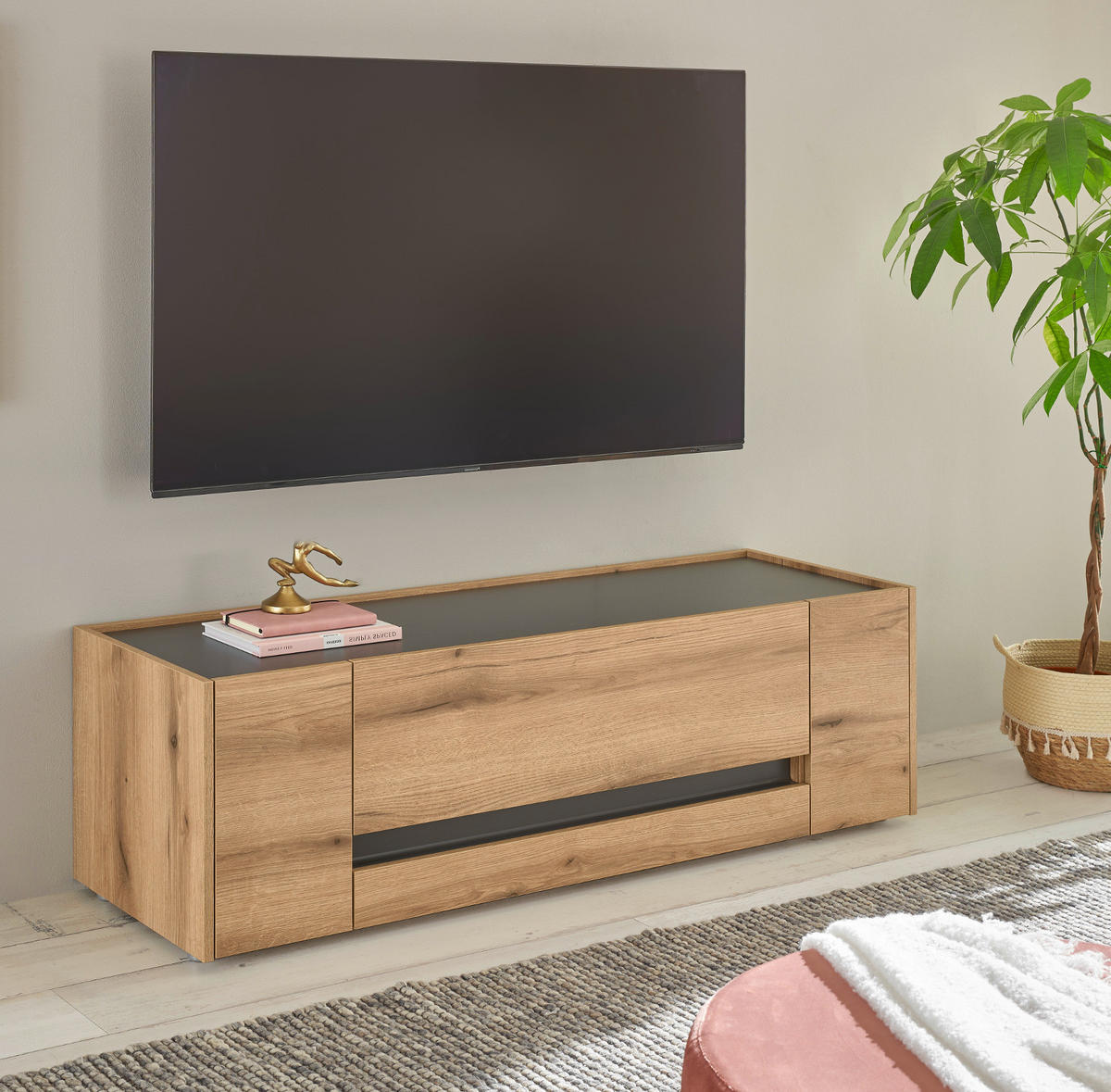 TV-LOWBOARD Eiche Evoke, grau 140 cm, TV- Unterteil mit viel Stauraum - Eichefarben/Schwarz, Holz/Holzwerkstoff (140/40/45cm) - Furn.Design