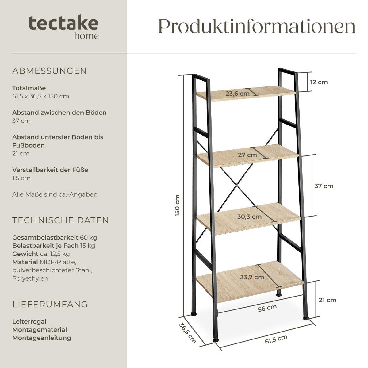 LEITERREGAL Liverpool,inklusive Kippschutz, 61,5 x 36,5 x 150 cm,Industrial Holz hell, Eiche Sonoma - Naturfarben, Holz (36.5/150/61.5cm) - tectake