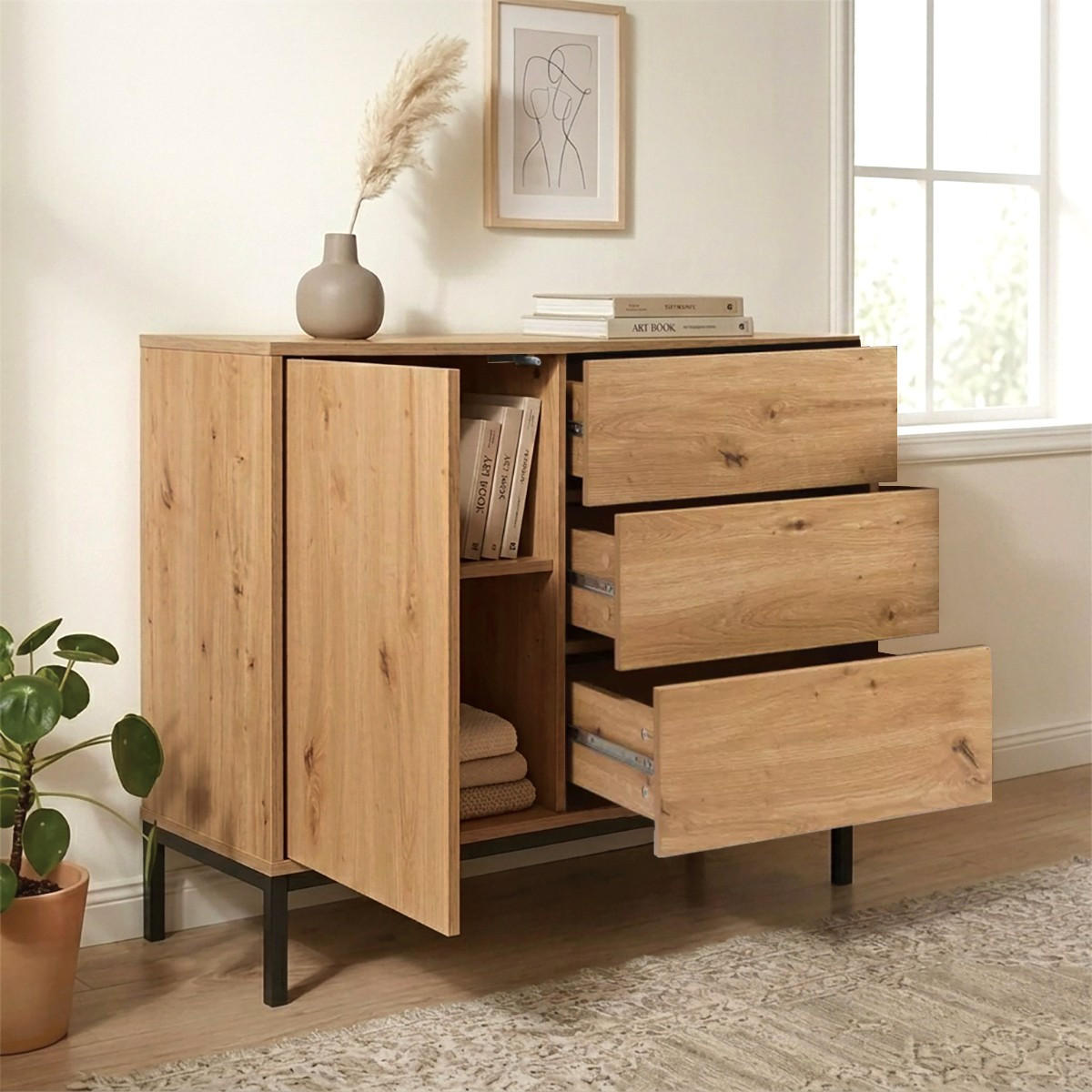 KOMMODE 1 Tür 3 Schubladen Eiche-Dekor FSC-zertifiziert 40/80/90 cm - Eichefarben, Holzwerkstoff (90/80/49.5cm) - Calicosy