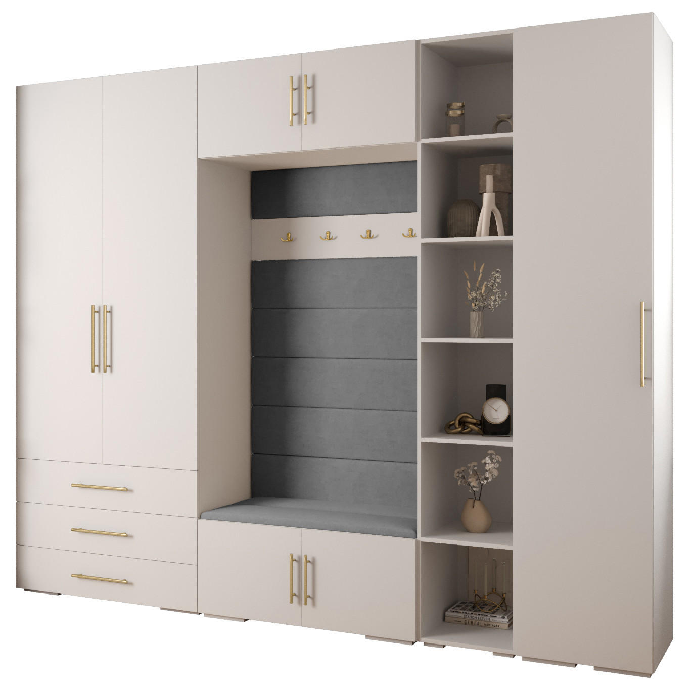 Abiks Möbel Garderoben-Set Weiß, Grau, Gold 290x236.7x47 cm
