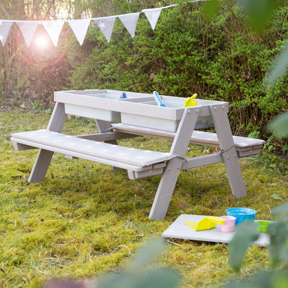 KINDERSITZGARNITUR OUTDOOR + mit Spielwannen und Bankkissen - Hellgrau, Holz - Roba