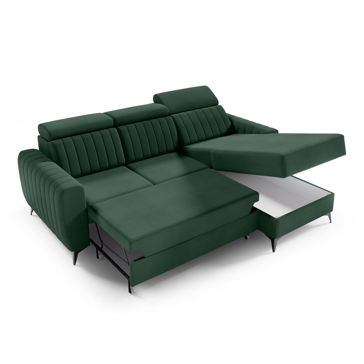 ECKSCHLAFSOFA Connor I verstellbare Kopfstützen, Dunkelgrün - Dunkelgrün/Schwarz, Textil (238/176cm) - Beautysofa