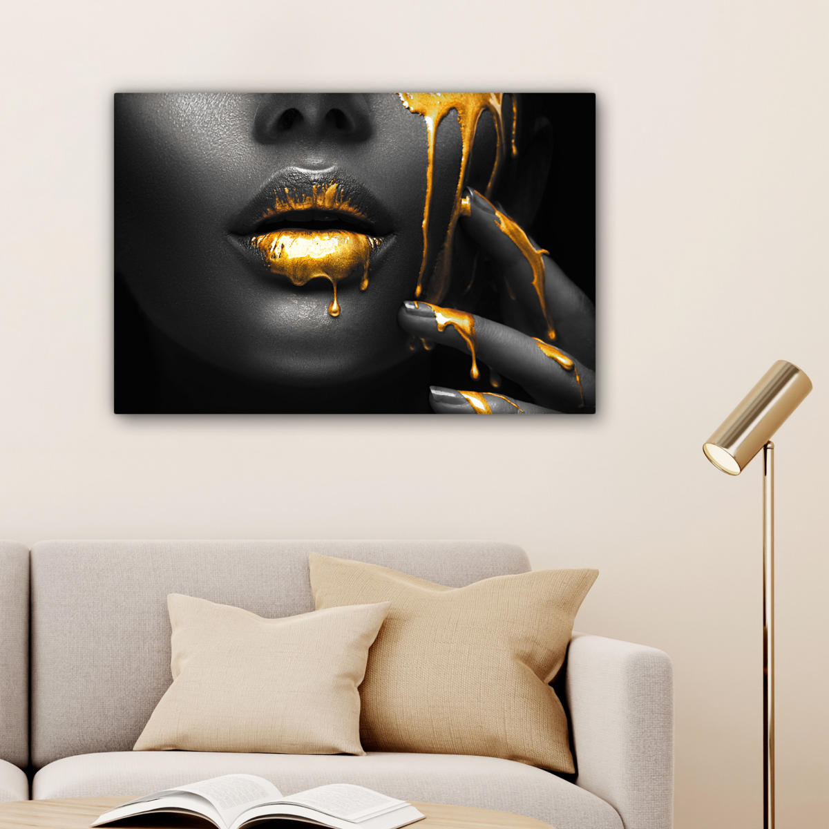 LEINWANDBILD Frau - Schwarz - Gold - Gesicht - Lippen Wanddeko 90x60 cm - Goldfarben, Textil (90/60cm) - MuchoWow