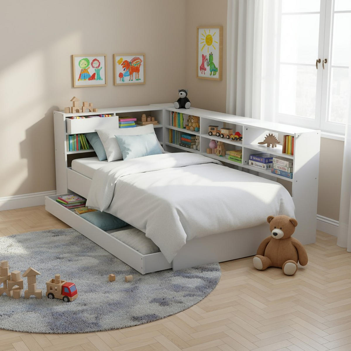 STAURAUMBETT ROLLER / 90x190 cm - Weiß - Weiß, Holzwerkstoff (90/190cm) - Weber Industries