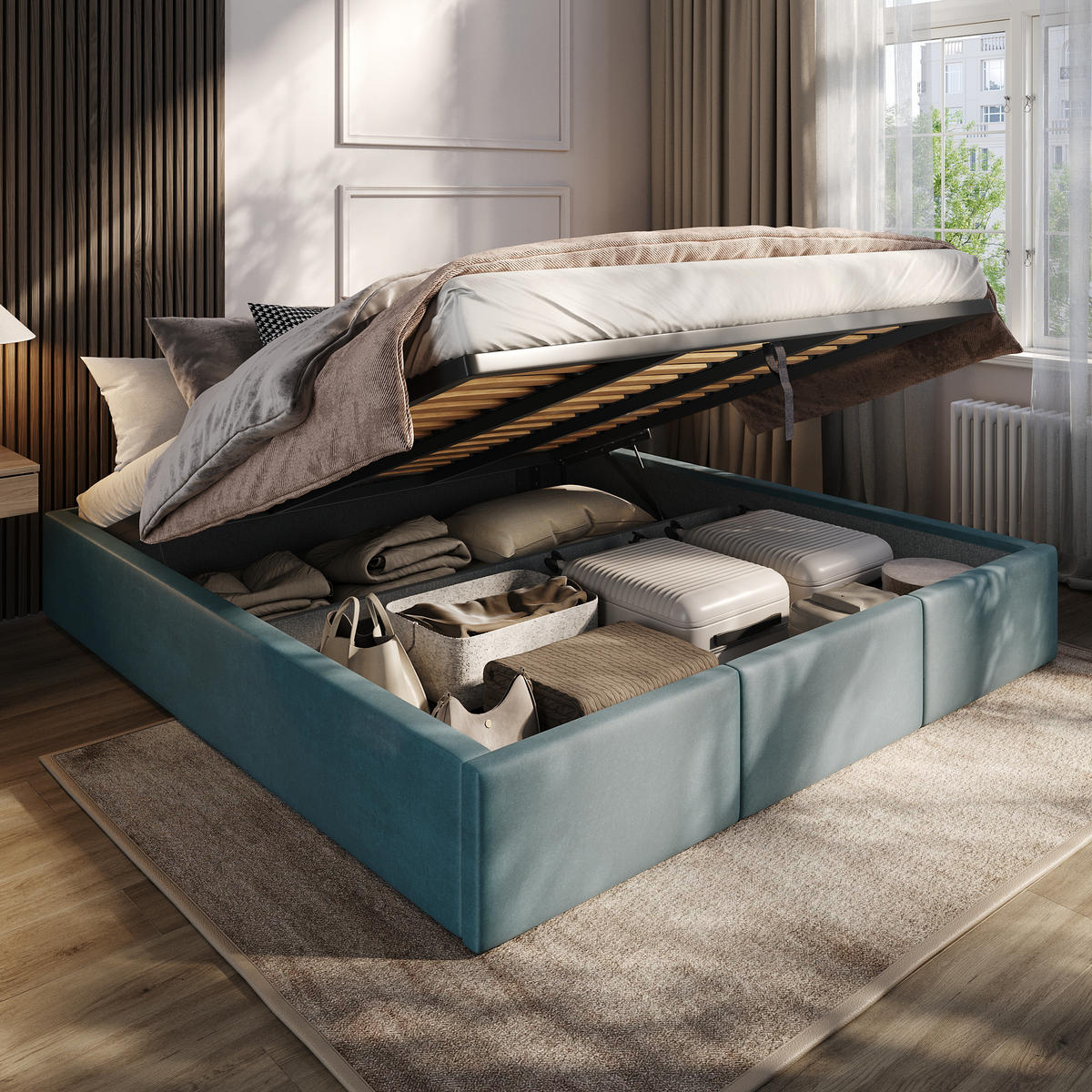 POLSTERBETT für Schlafzimmer Bett mit Stauraum Meerfarbe 180x200cm - Blau, Holzwerkstoff/Textil (180/200cm) - Muralo