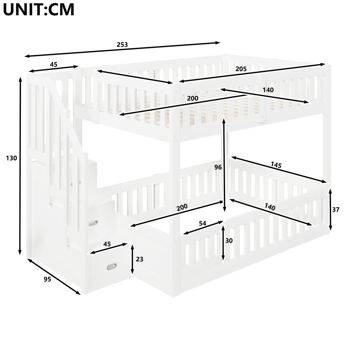 ETAGENBETT aus Kiefernholz und MDF 140x200 cm Weiß mit Stauraumtreppe - Weiß, Holzwerkstoff (140/200cm) - Modfu