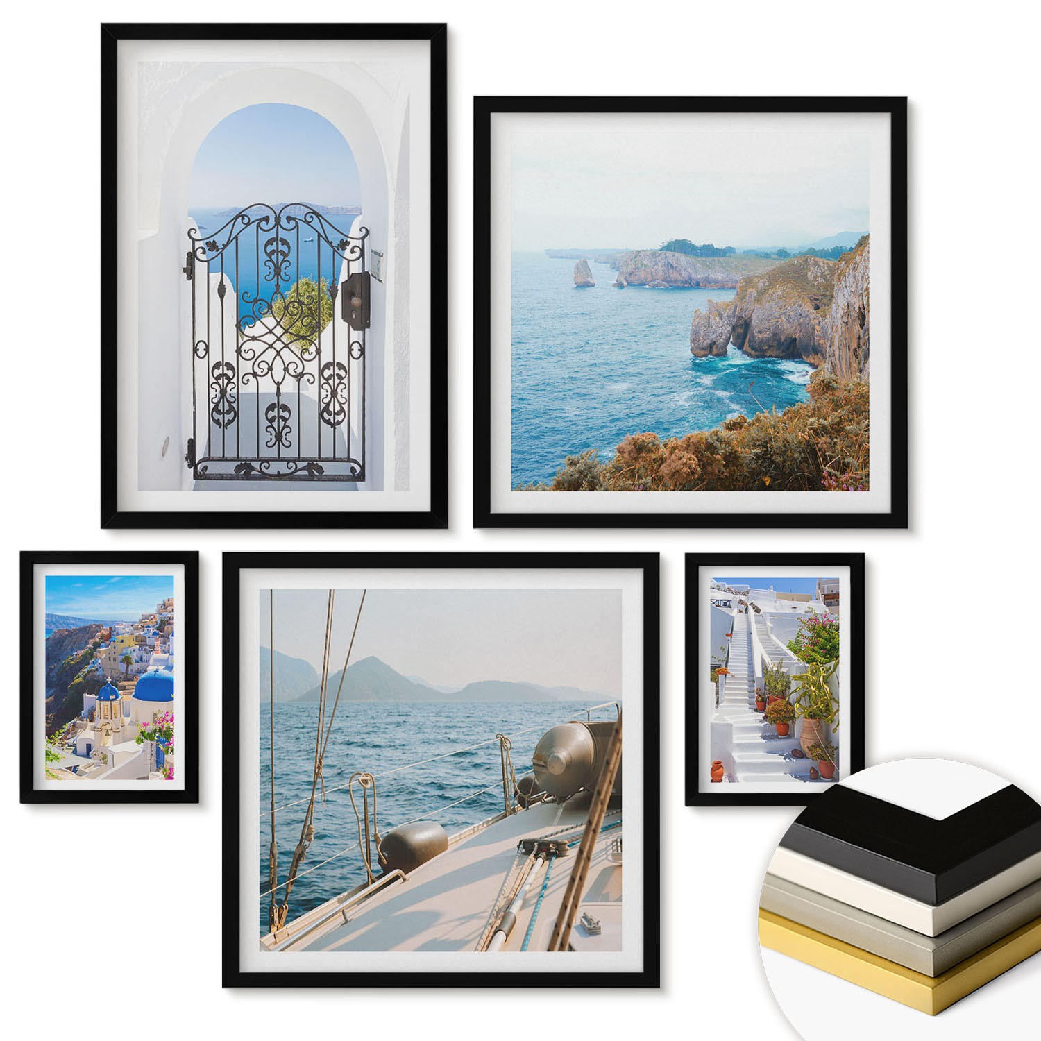 WANDBILDER 5er-Set - 50x50 cm & 20x30 cm & 40x60 cm Schwarzer Rahmen - Griechische Architektur auf Santorin, Oia - Schwarz, Kunststoff (40/60cm) - ArtPrintCave
