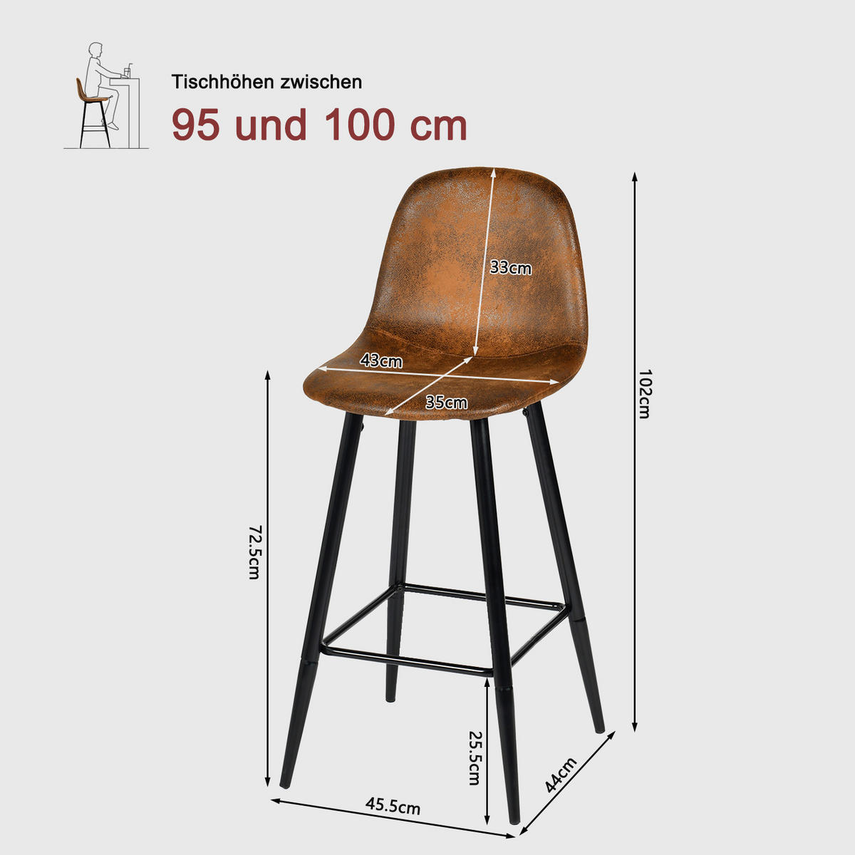 BARHOCKER im 2er-Set mit Bezug in Wildleder-Optik, Braun - Braun, Metall (44/102/45.5cm) - Meubles Cosy