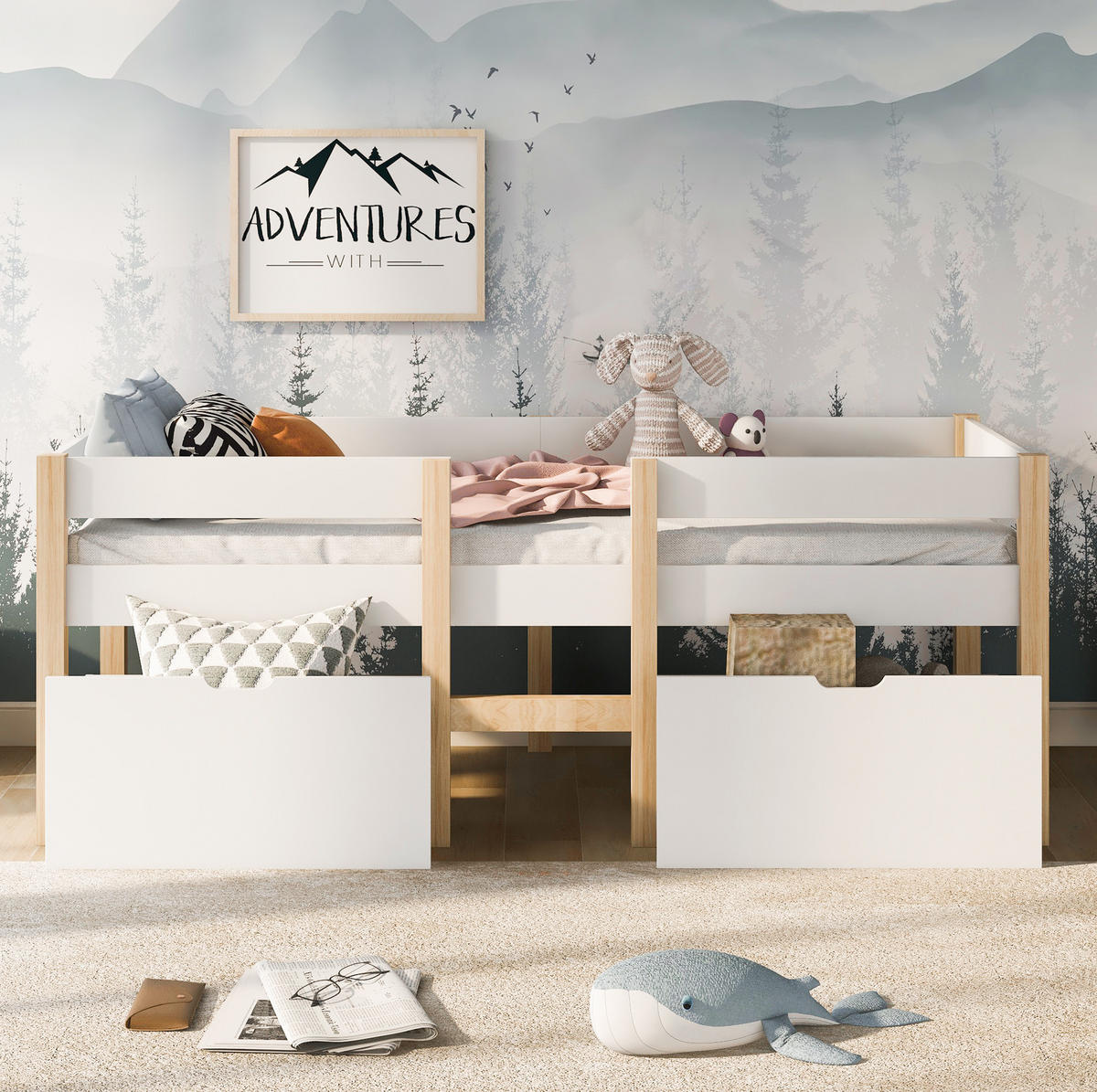 DETSKÁ posteľ 90/200 cm biela z masívneho borovicového dreva s úložnými zásuvkami a ochranou proti pádu - biela, drevo (90/200cm) - OKWISH