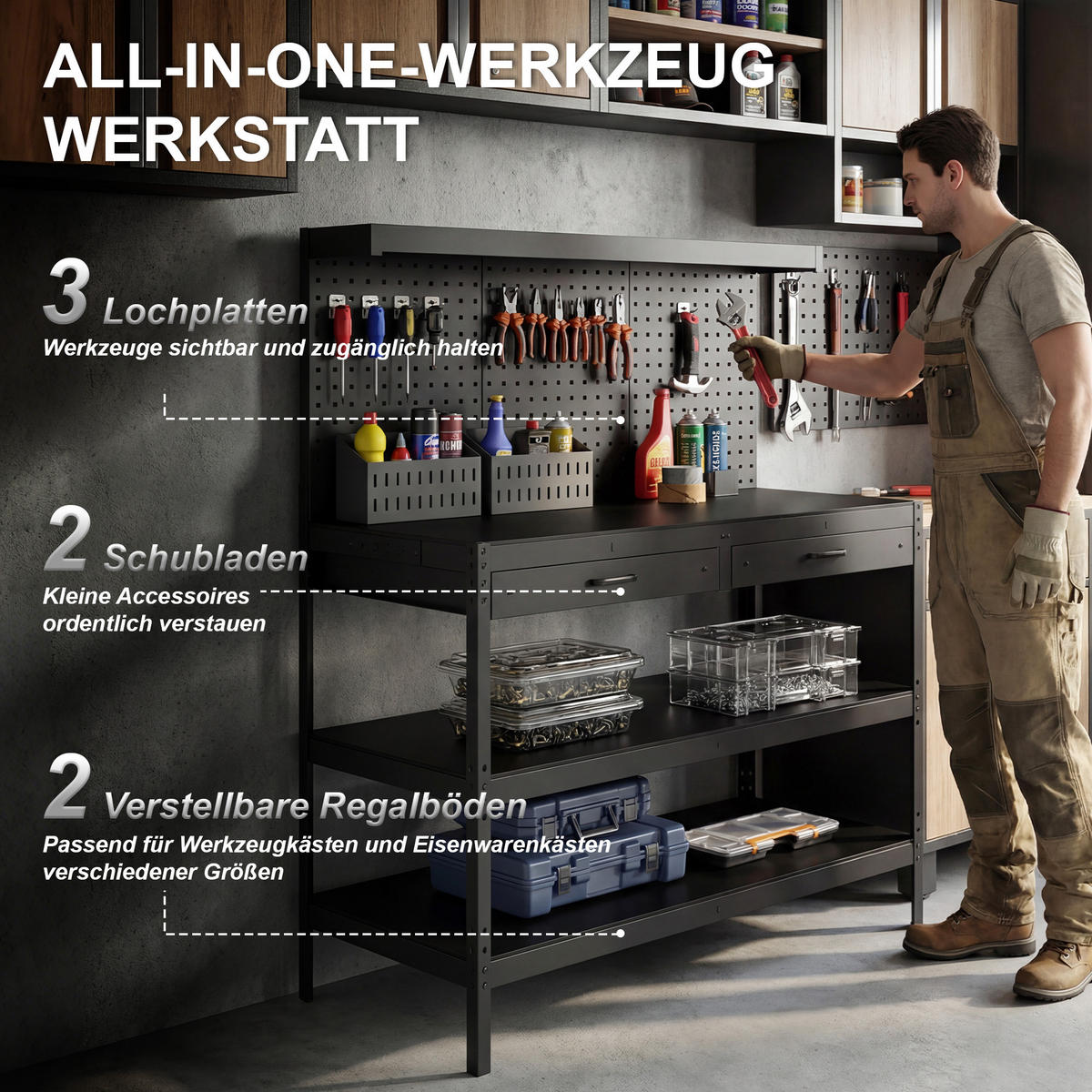 WERKBANK Stahl MDF Schwarz - Schwarz, Metall (61/156/122cm) - HOMCOM