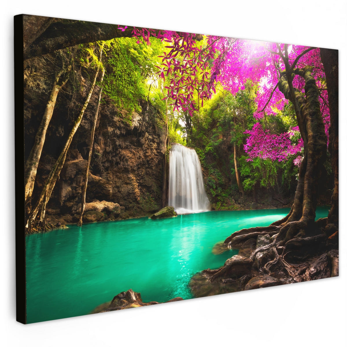 LEINWANDBILD Wasserfall mit bunten Blumen und Bäumen - Natur - Dschungel Groß 140x90 cm - Waldgrün, Textil (140/90cm) - MuchoWow