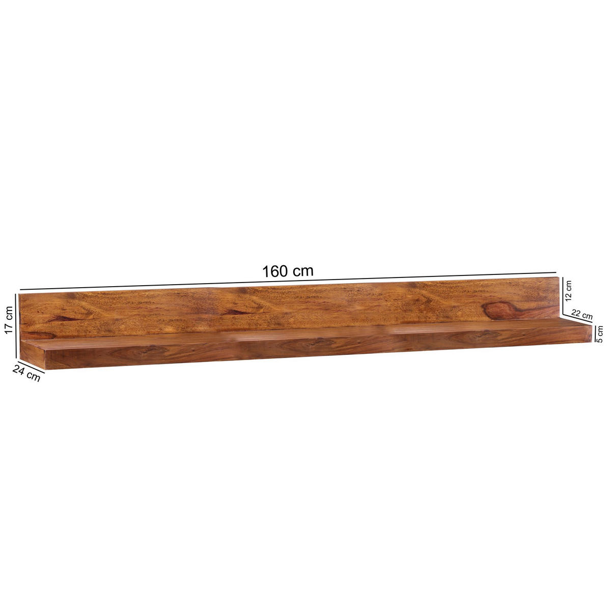 WANDREGAL HANIM Sheesham Hängeregal - Sheeshamfarben, Holz (160/17/24cm) - tinkaro