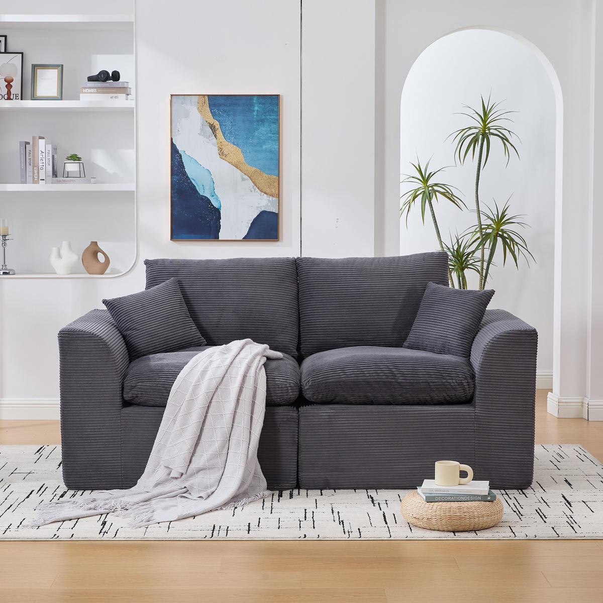 2-SITZER SOFA Cord Dunkelgrau mit Kissen - Dunkelgrau, Textil (204/84/102.5cm) - WISHDOR