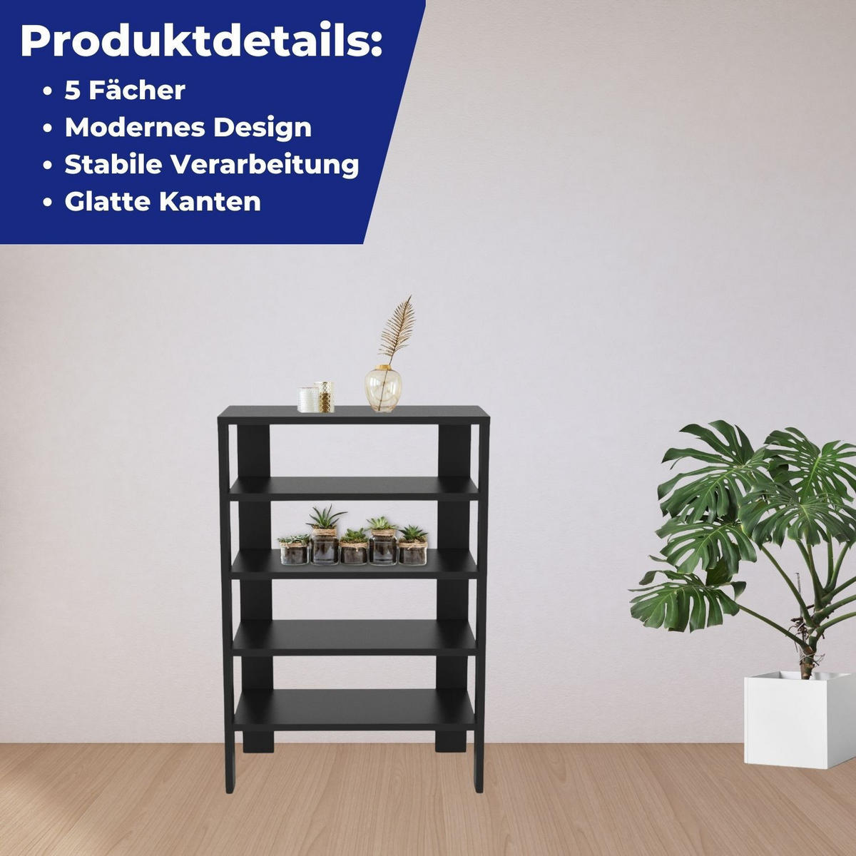 SCHUHREGAL CHARLIE in Schwarz 5 Ablagen - Schwarz, Holzwerkstoff (32/87/60cm) - Coemo