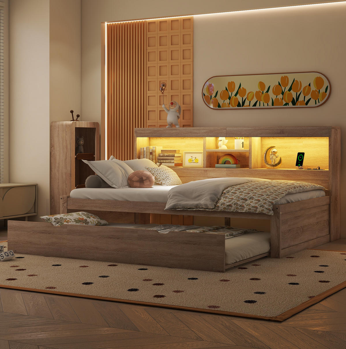 MULTIFUNKTIONSBETT 90/200 cm Natur mit LED-Beleuchtung und Steckdose USB-Anschlüssen - Naturfarben, Holzwerkstoff (90/200cm) - OKWISH