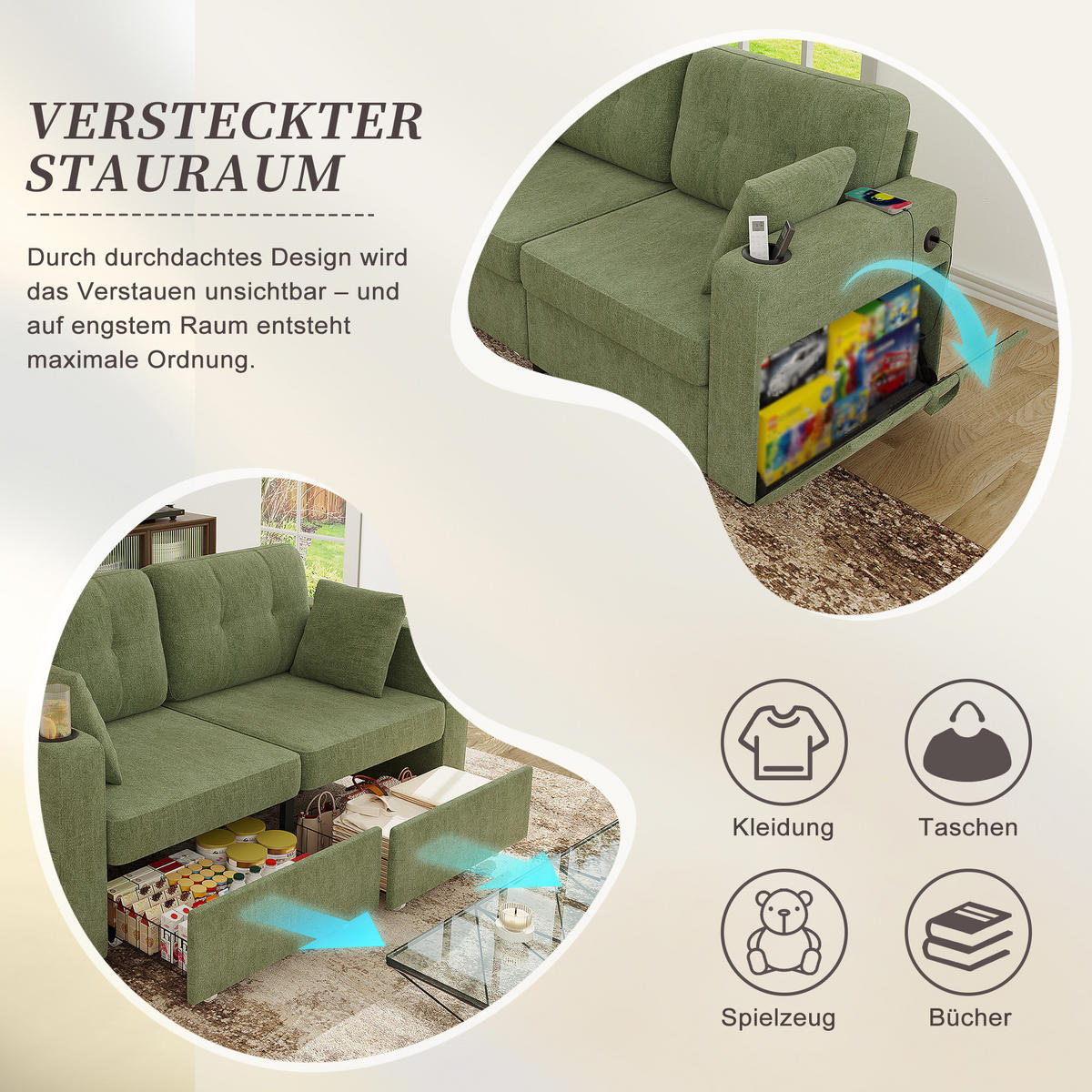 2-SITZER Sofa aus Chenille 172x75x82 cm mit USB-Anschlüssen & Stauraum, olive - Grün, Textil (75/82/172cm)