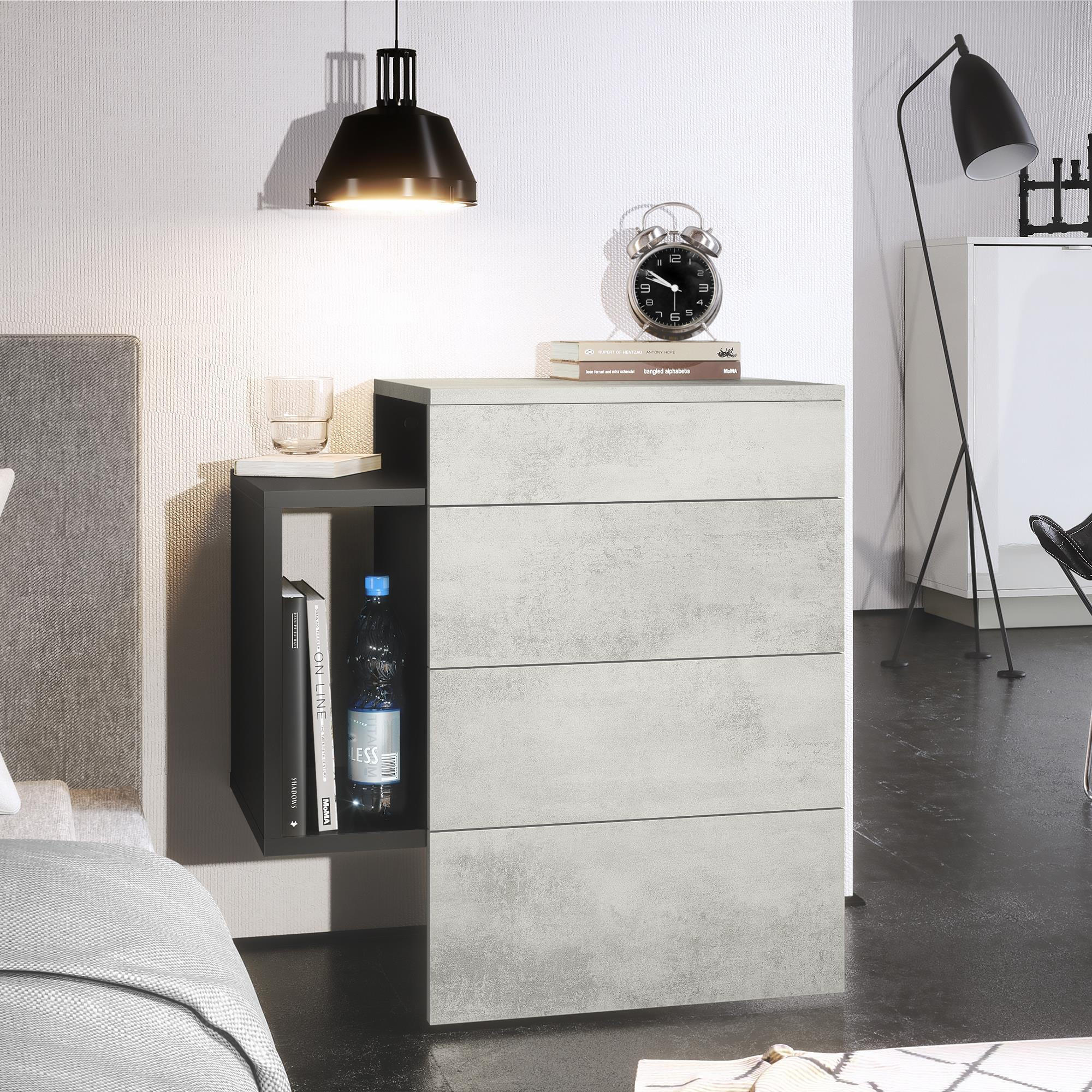 NACHTTISCH Queens Front in Beton Oxid Optik - Hellgrau, Holzwerkstoff (60/63/36cm) - Vladon