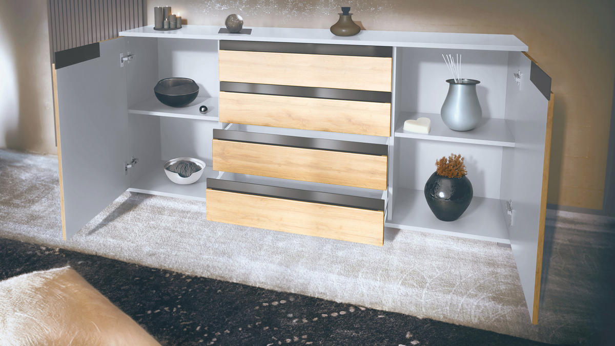 SIDEBOARD Sylt Sandgrau Hochglanz / Weiß Hochglanz - Sandfarben, Holzwerkstoff (166.5/75.5/35cm) - Vladon