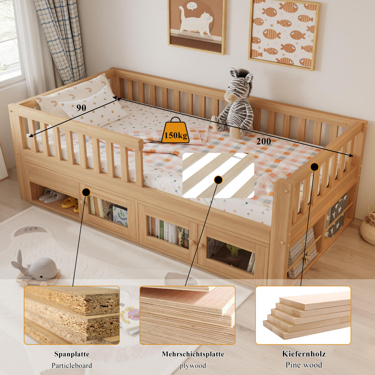 KINDERBETT 90/200 cm in Natur mit Schublade, Schrank und Ablagen - Naturfarben, Holz/Holzwerkstoff (90/200cm) - WISHDOR