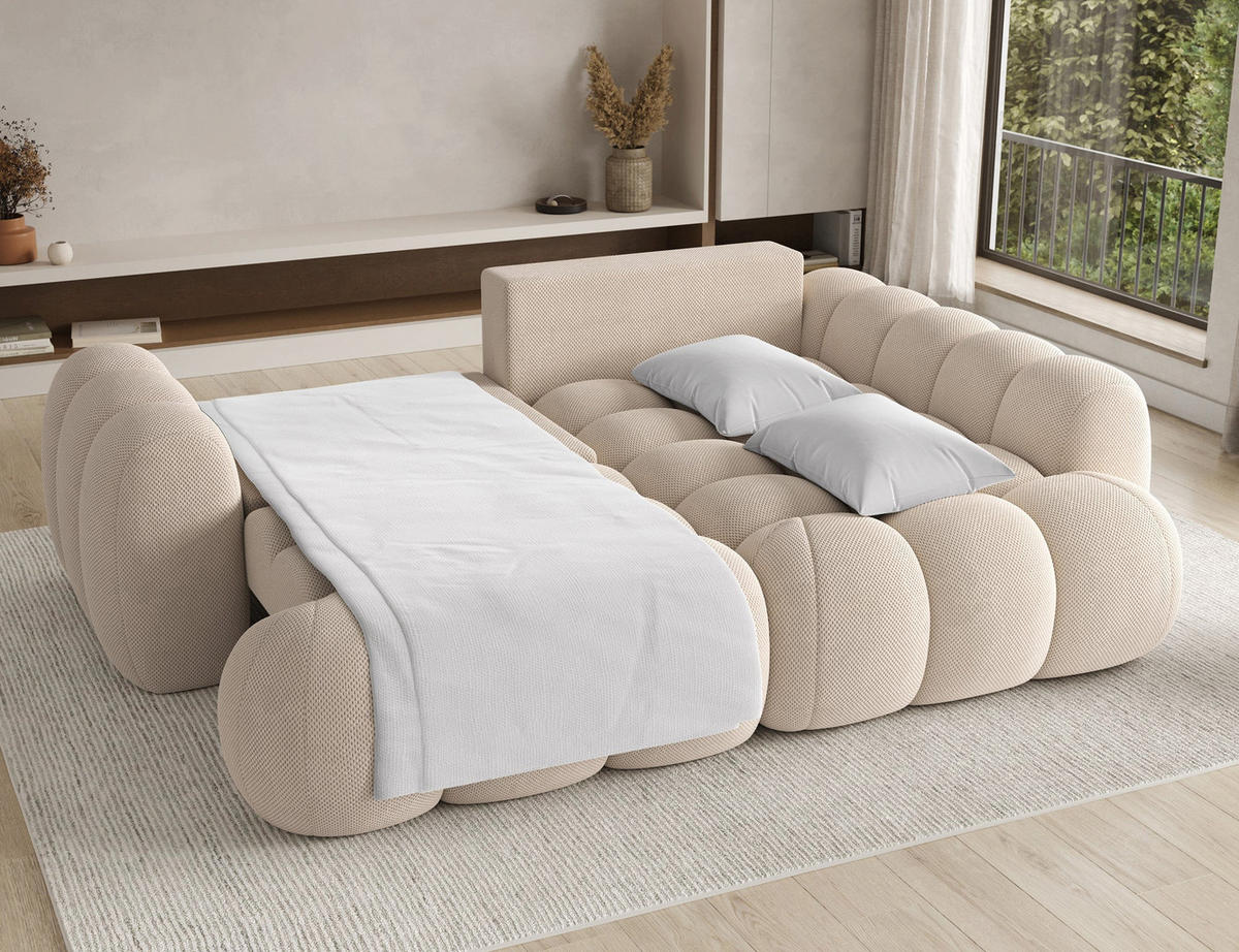 ECKSOFA COZION L-Form mit Schlaffunktion & Bettkasten – Modernes 3-Sitzer Sofa, HR-Kaltschaum, Wellenfederung, 267 × 165 cm - Beige/Schwarz, Kunststoff (267/165cm) - Wohnideebilder
