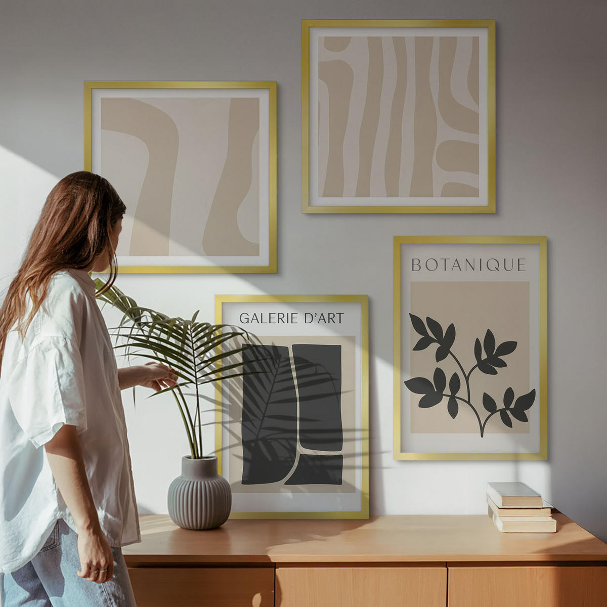 BILDER SET 4er Set - 50x50 cm & 40x60 cm Goldrahmen - Abstrakte Pflanzenmotive - Goldfarben, Kunststoff (50/50cm) - TULUP
