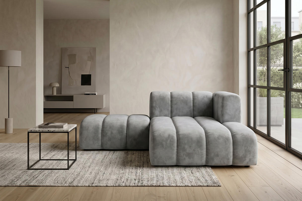 CHAISELONGUE Modulare Mit Hocker, Velvet-Stoff Riviera, Grau, Rechts, GRAND - Grau, Holz (204/179cm) - Kaiser Möbel