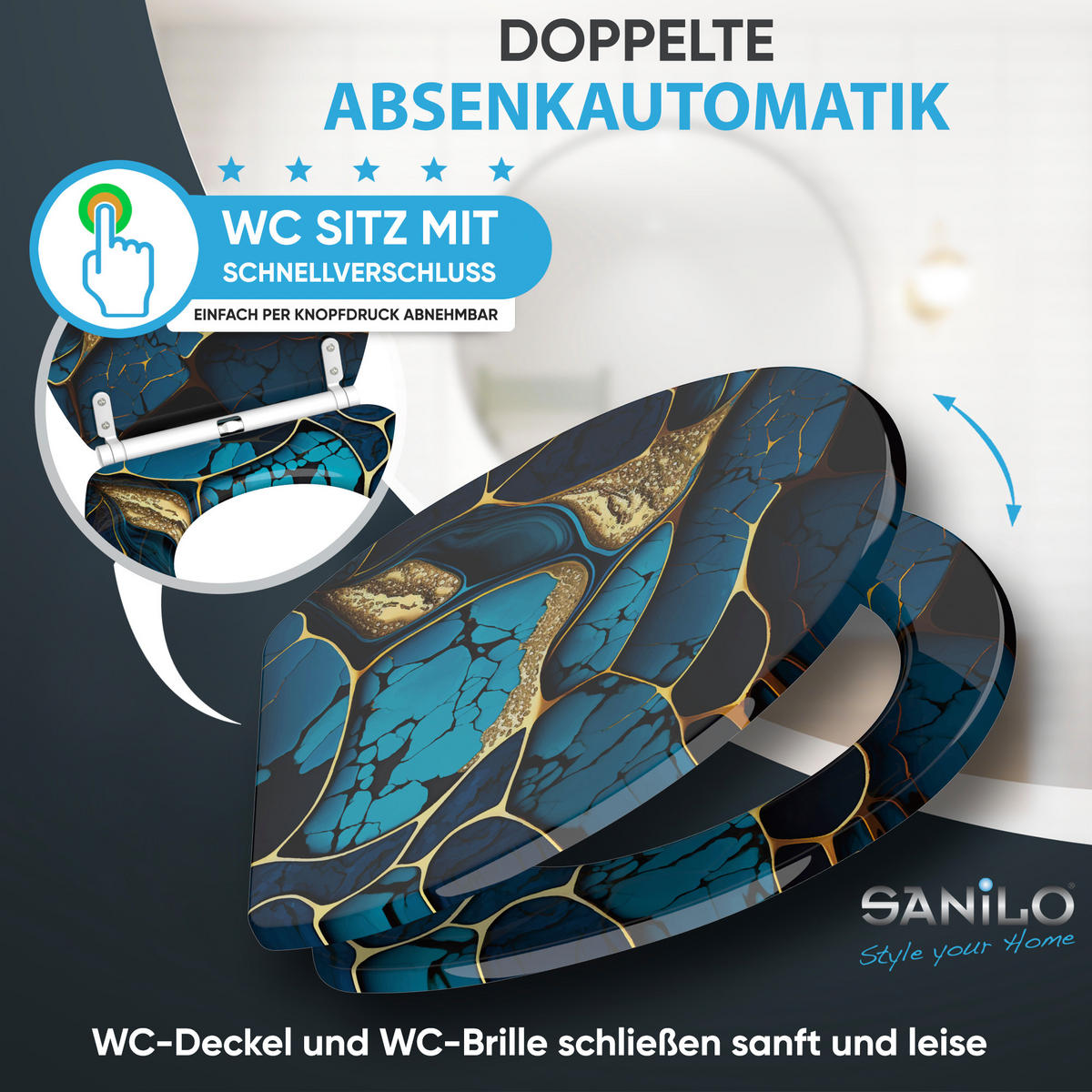 WC-SITZ Absenkautomatik Marmor Cobalt - Blau, Holzwerkstoff (38/5.5/47cm) - Sanilo