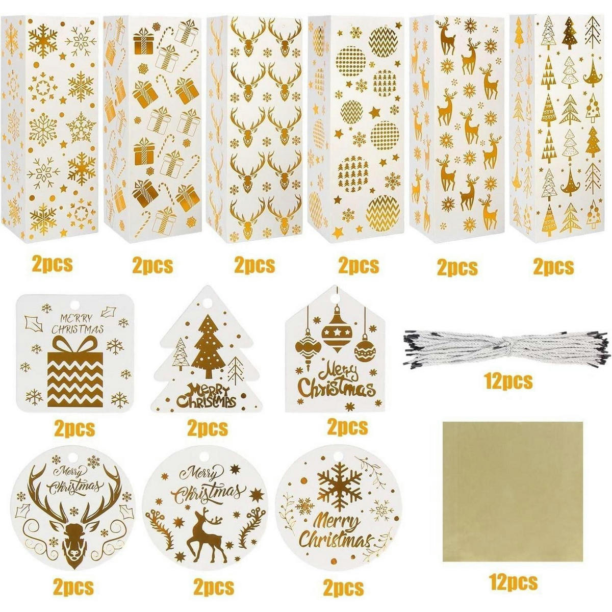 GESCHENKTASCHEN 12-teiliges Set 12,5 cm x 10 cm x 35,5 cm Goldmuster Weihnachten - Goldfarben, Karton (35.5cm)
