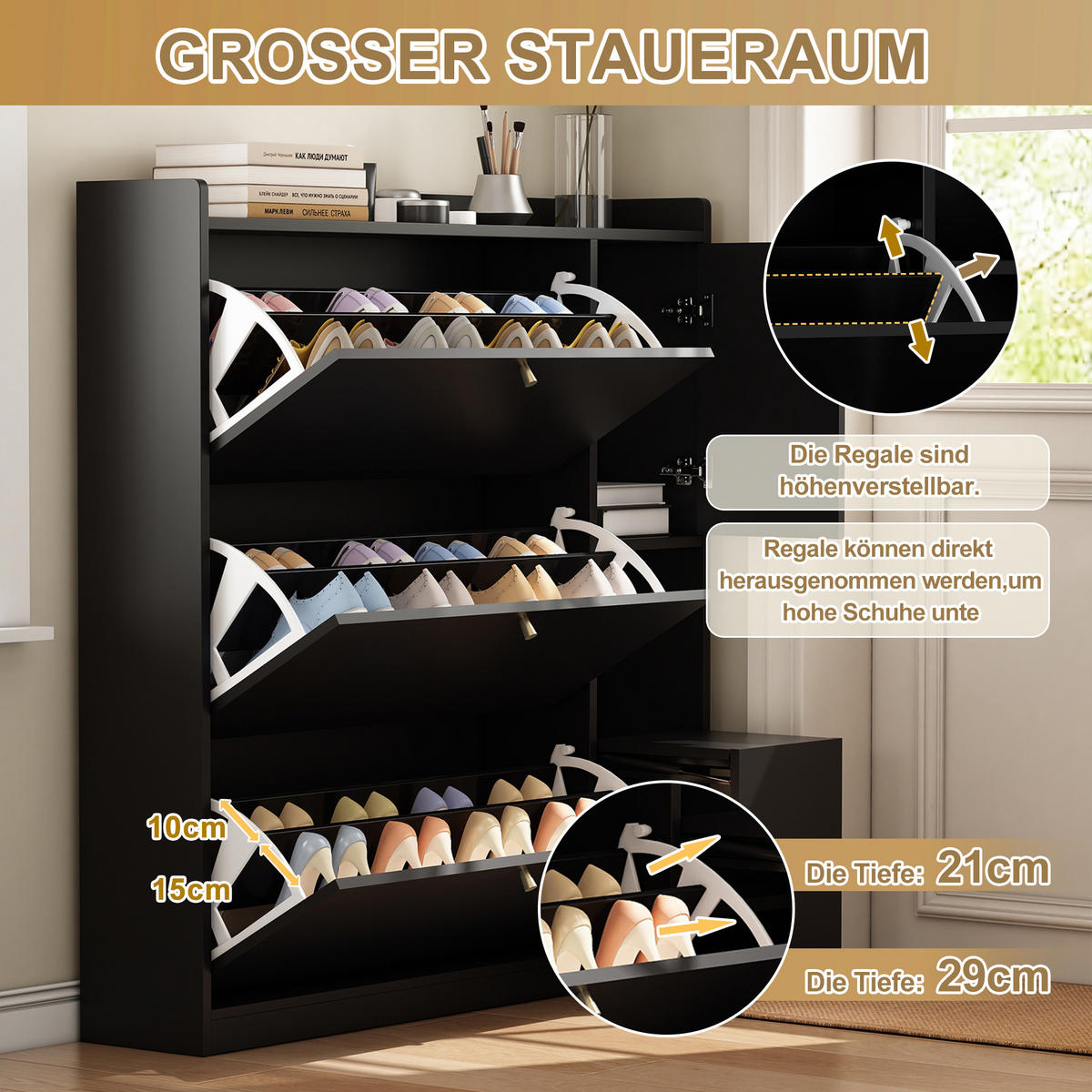 SCHUHSCHRANK mit Klappen 119/24/122 cm in Schwarz mit Sitzbank und Schublade - Schwarz, Holzwerkstoff (119/122/24cm) - BEAOK