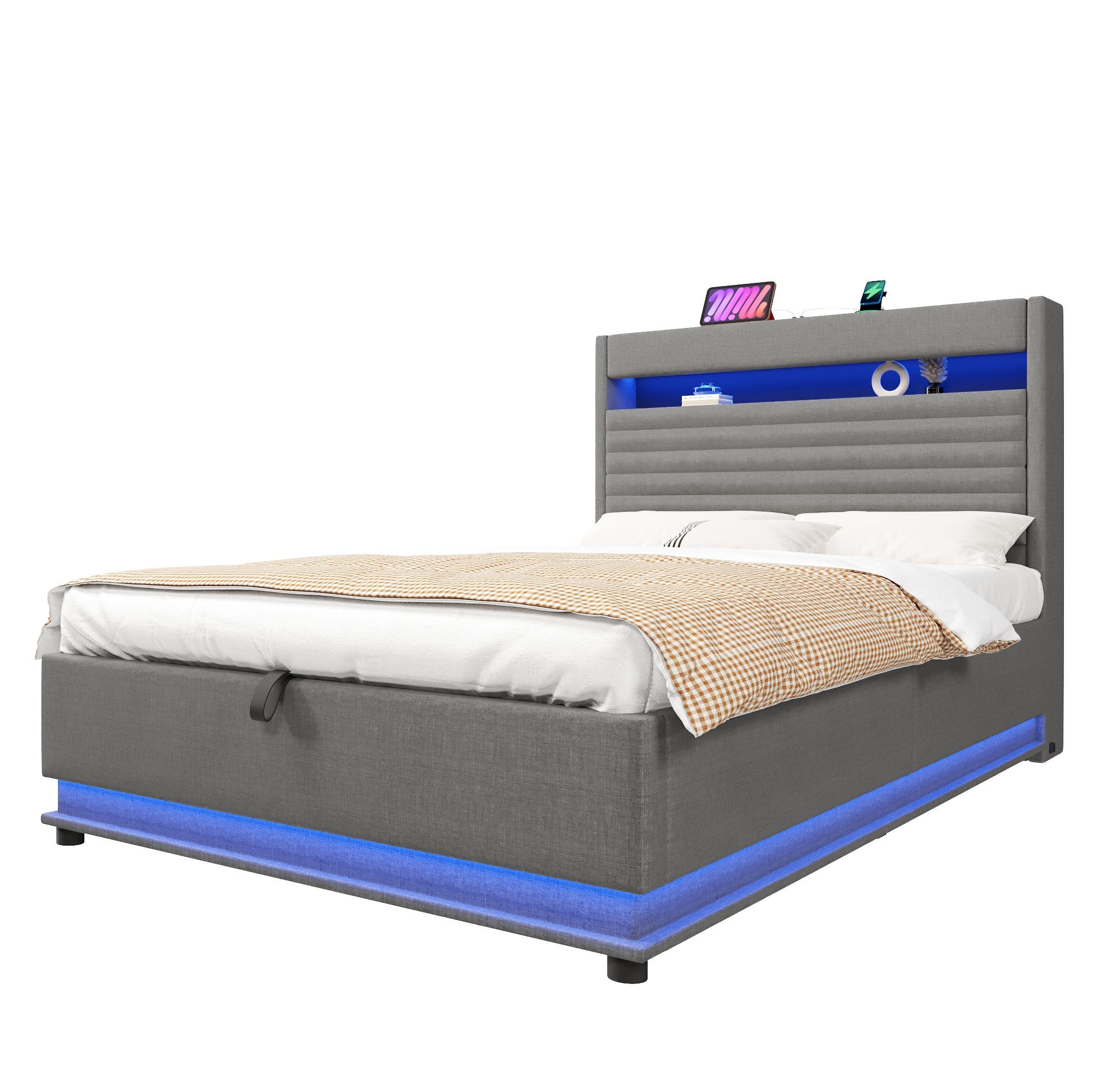 POLSTERBETT 140/200 cm mit LED-Beleuchtung, USB- und Typ-C-Anschluss, hydraulischem Stauraum, Leinen, Grau - Grau, Textil (140/200cm) - Redom