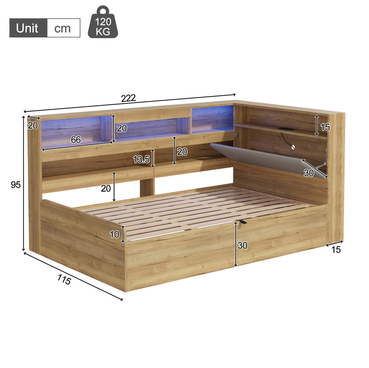 KINDERBETT 90/200 cm aus MDF und PU mit LED-Beleuchtung und USB-Ladestation Naturfarben - Naturfarben, Holzwerkstoff (90/200cm) - Modenvie