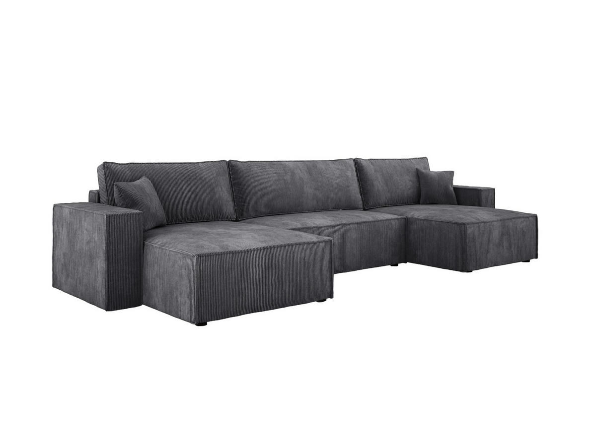 ECKSOFA Poso XXL U-förm, Schlaffunktion, weiche Kissen, Bettkasten, hochwertige Polsterung, lose Rückenkissen, freistehend, 377x143x83 cm Grey - Dunkelgrau, Holz/Textil (377/83/143cm) - DomoHome