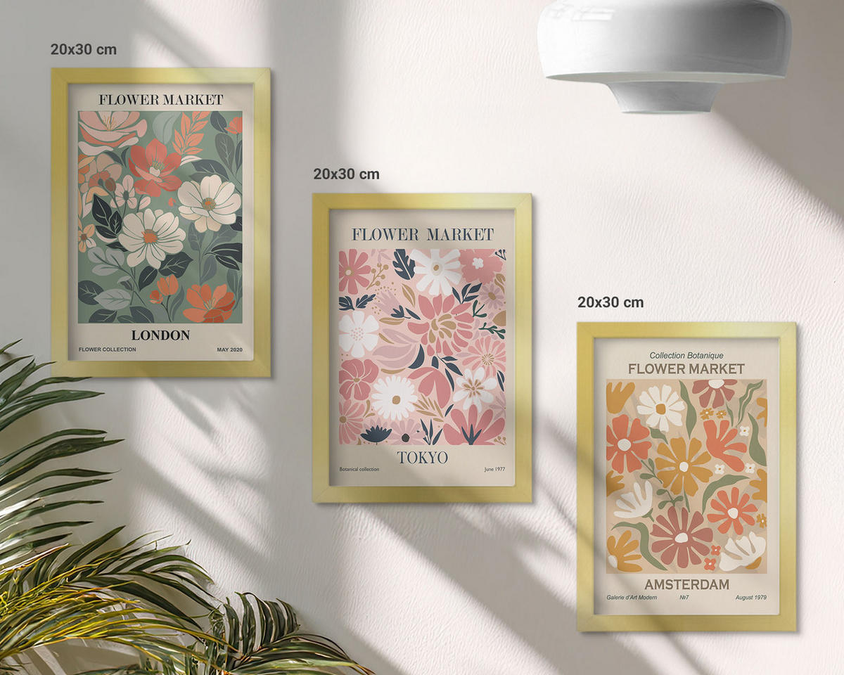 WANDBILDER 3er Set - 20x30 cm Goldrahmen - Blumenmuster London Tokio Amsterdam - Goldfarben, Kunststoff (20/30cm) - ArtPrintCave