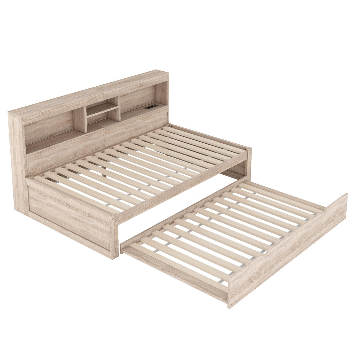 MULTIFUNKTIONSBETT 90/200 cm Natur mit LED-Beleuchtung und Steckdose USB-Anschlüssen - Naturfarben, Holzwerkstoff (90/200cm) - OKWISH