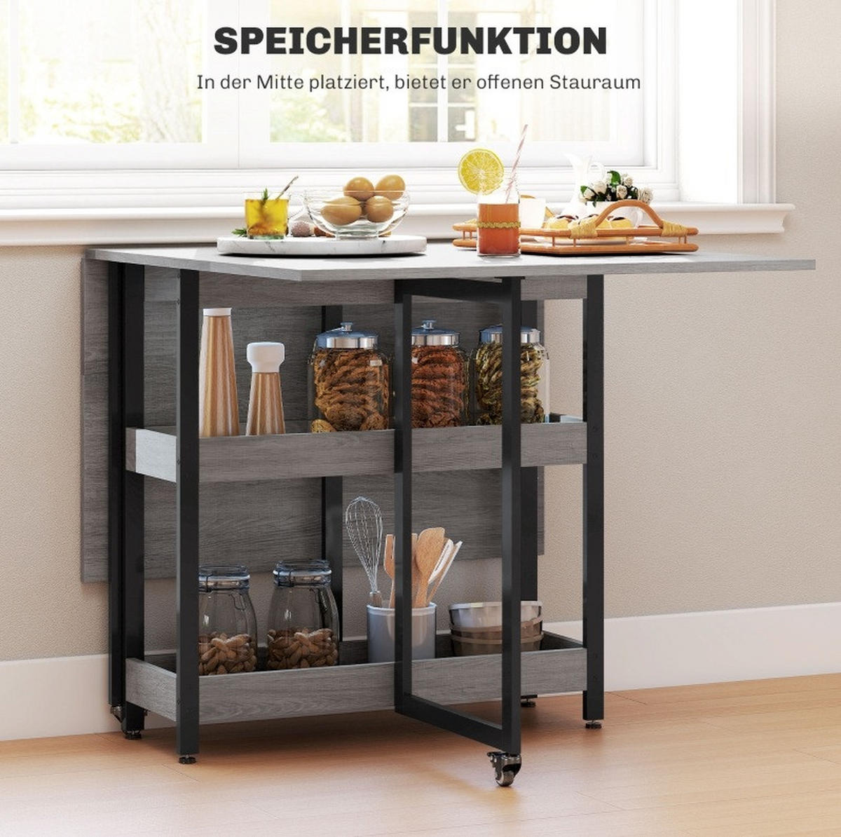 KLAPPTISCH 133,4/80/75 cm, seitlich ausklappbar mit Ablagen und Rollen - Grau, Holz (133.4/80/75cm) - BEAOK