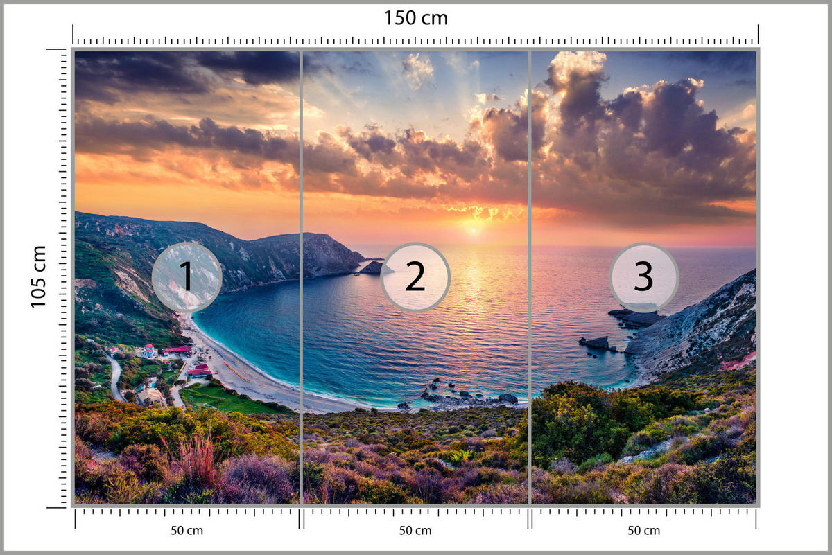 FOTOTAPETE Meer Blumen Sonnenuntergang Landschaft 3D 150x105 - Türkis/Blau, Papier (150/105cm) - Muralo