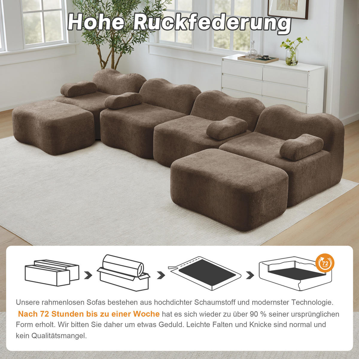 4-SITZER Sofa 384x167x70 cm aus Samtstoff rahmenlos modular, braun - Braun, Textil (167/70/384cm)