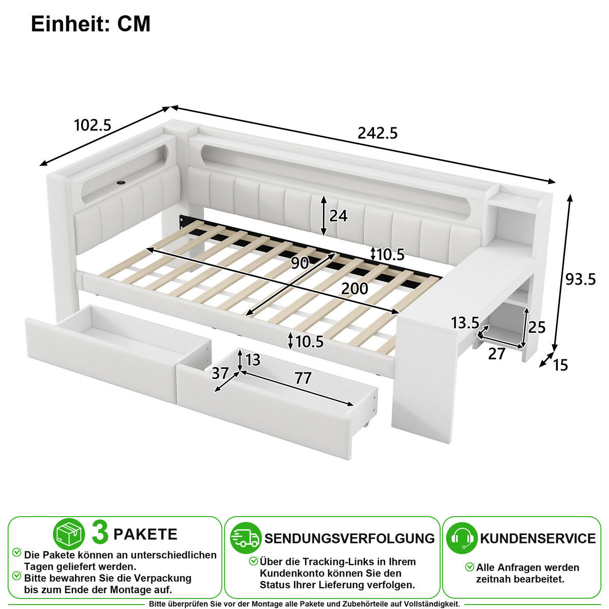 ČALOUNĚNÁ POSTEL 90/200 cm v bílé barvě s LED, USB, psacím stolem a 2 zásuvkami - bílá, kov/kompozitní dřevo (90/200cm) - CHICFURN