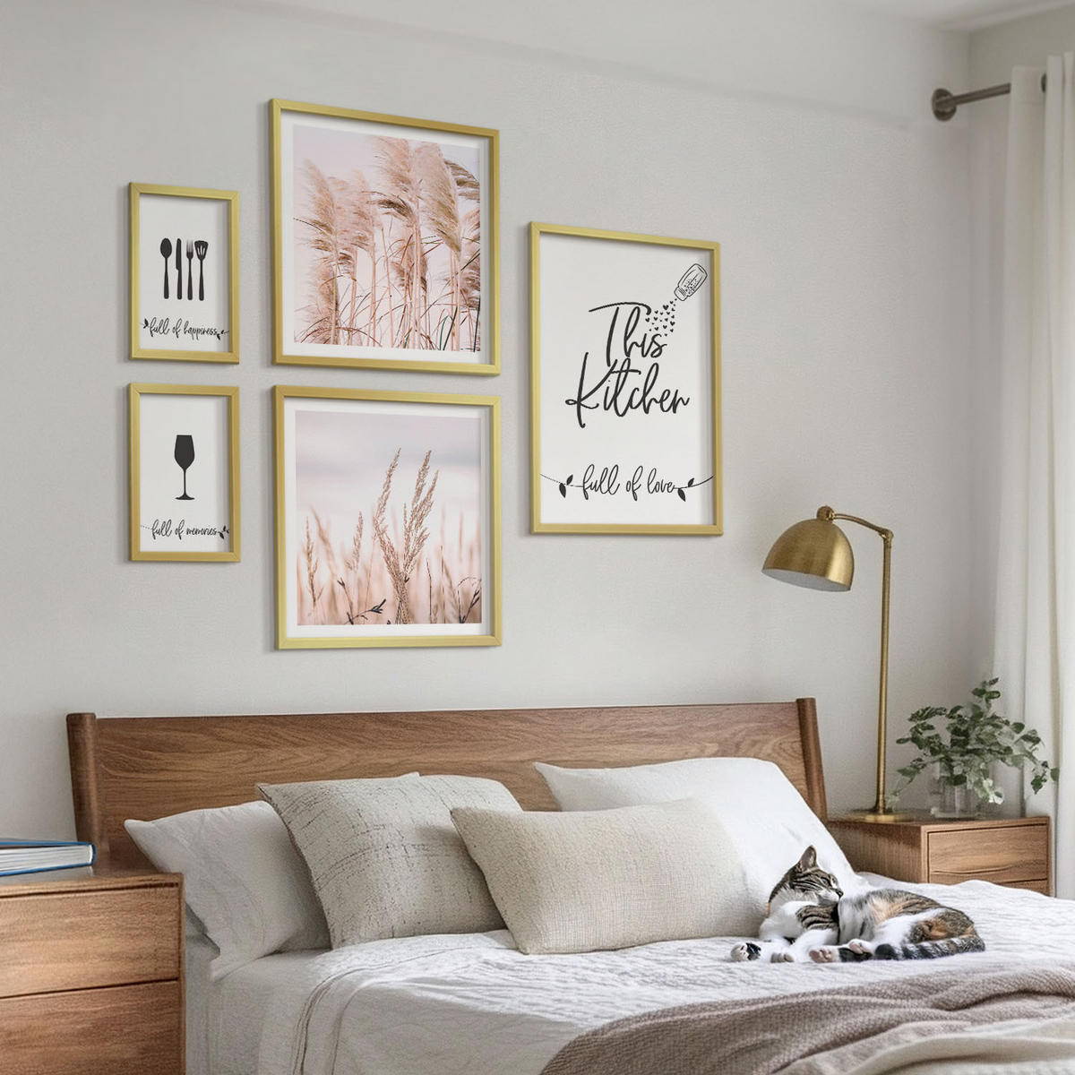 BILDER SET 5er Set - 50x50 cm & 20x30 cm & 40x60 cm Goldrahmen - Abstrakte Blattmalerei - Goldfarben, Kunststoff (40/60cm) - TULUP
