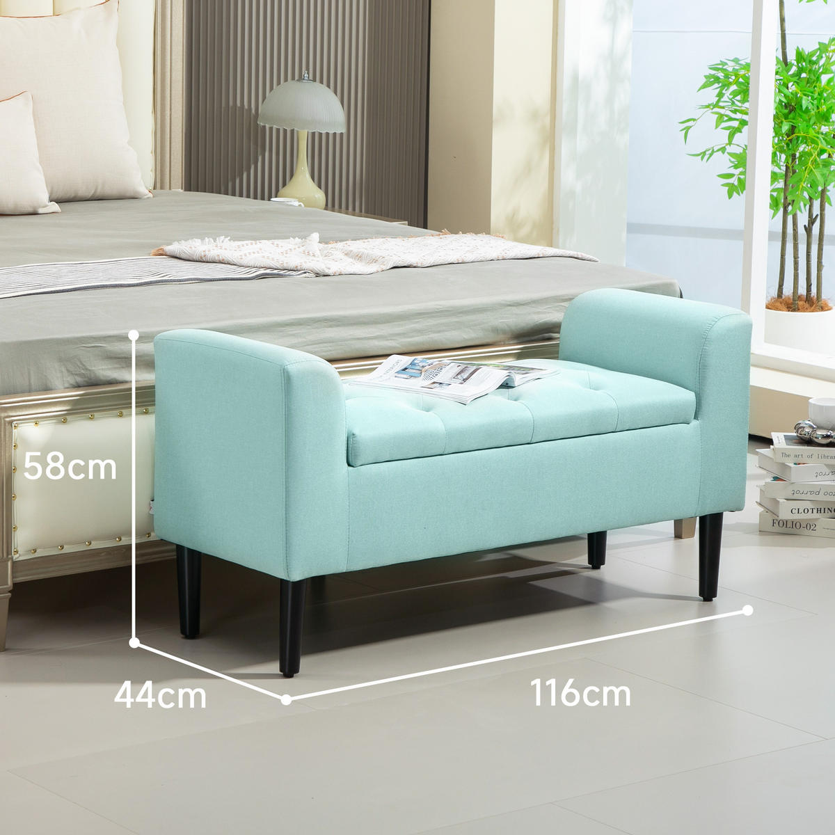 SITZBANK mit Stauraum, Polsterbank mit Leinenoptik, Sitzhocker Aufbewahrungsbox - Grün, Kunststoff (44/58/116cm) - HOMCOM