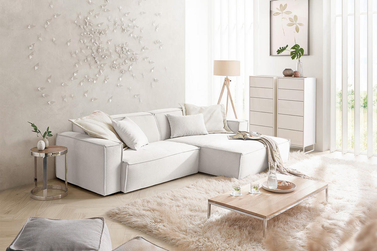 ECKSOFA SAMU Weiß Cord - Schwarz/Weiß, Textil (276/168cm) - KAWOLA